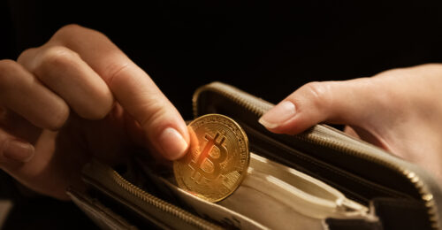 3, Nov 2021, Moscow region, Russia - Woman puts gold bitcoin coin in her purse, close up hands shot