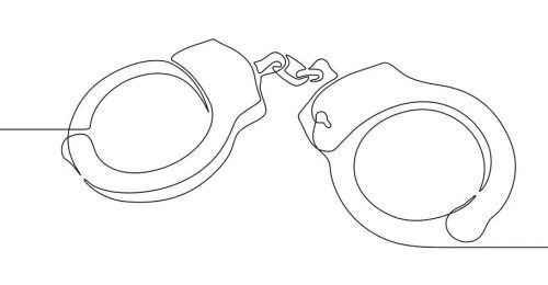 Handcuffs in one continuous line drawing. Symbol of police justice and jail convict concept in simple linear style. True crime banner with editable stroke. Doodle vector illustration